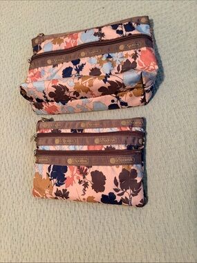 LeSportsac Pink Floral Zip Cosmetic Pouches Set